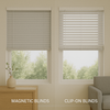 A modern apartment interior with side-by-side windows featuring magnetic blinds and clip-on blinds, highlighting simple no-drill installation for renters under natural daylight.