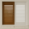 A visual comparison of wooden shutters and white plantation shutters on adjacent windows, showing contrast in color, material, and style under natural daylight