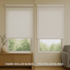 A modern home interior featuring side-by-side windows with fabric roller blinds and PVC roller blinds, showing texture, finish, and design differences under natural light.